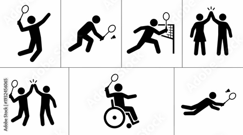 Inclusive Sports Vector Silhouette Collection | Tennis, Badminton, Wheelchair Athletes, Doubles, Jump Smash, Dynamic Motion | Minimalist Black-and-White Athletic Diversity Design