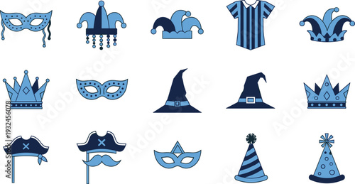 Blue Carnival and Costume Icons Set with Masks, Hats, Crowns and Party Accessories Flat Vector Illustration Collection