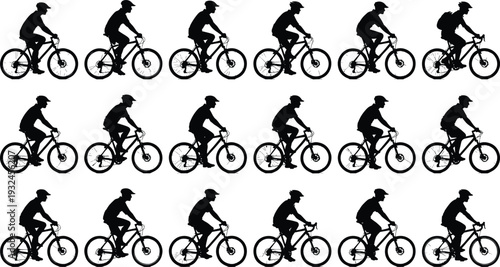 Cycling man silhouettes collection featuring mountain bike rider in motion isolated vector illustration set for sport fitness and outdoor design