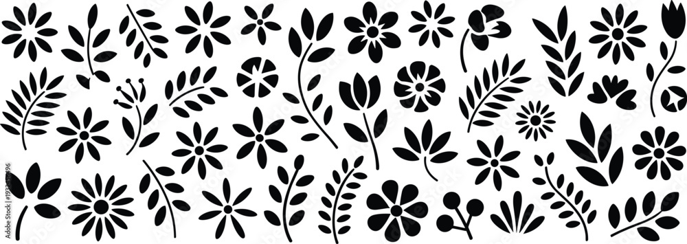 Fototapeta premium Black silhouette illustration of diverse floral and botanical designs featuring flowers, leaves, stems, and berries for decorative artwork