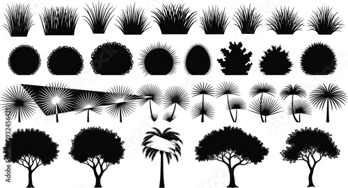 Black silhouette illustration of vegetation, grasses, bushes, shrubs, palm trees, deciduous trees, botanical design, landscaping, nature art, plant diversity