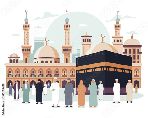 Pilgrims performing religious ritual around kaaba building in mecca with surrounding architecture and minarets