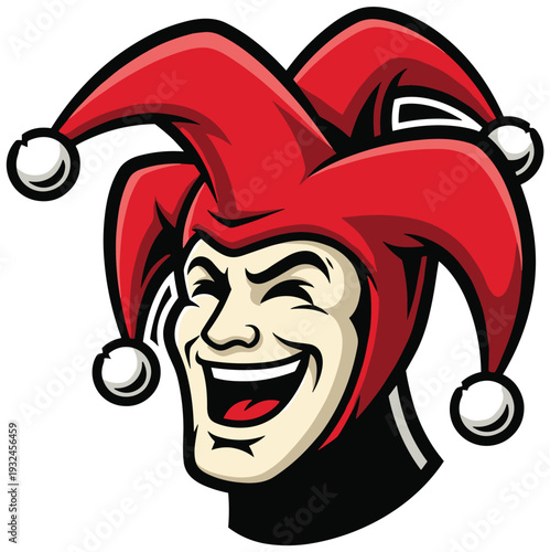Laughing Joker Head with Red Jester Hat and Bells Evil Carnival Character Cartoon Vector Illustration