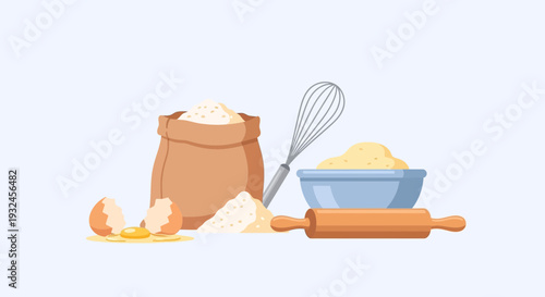 Baking Ingredients Still Life Flour Eggs Whisk and Rolling Pin.
