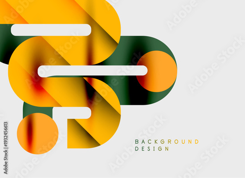 Abstract fluid shapes overlap, creating dynamic composition. Orange, yellow, dark green hues blend smoothly. Minimalist design, modern aesthetic.