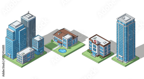 Isometric illustration of urban architecture, modern office buildings, suburban house, hospital, skyscraper, city infrastructure design, real estate visualization