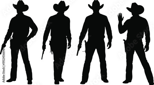 Black silhouette illustration of four cowboys in hats holding revolvers, standing in varied poses representing Wild West culture