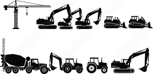 Silhouette illustration of construction vehicles, tower crane, excavators, bulldozers, cement mixer truck, tractors, heavy machinery, industrial equipment design