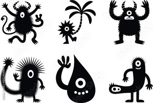 Black silhouette illustration of six cartoon monsters with single eyes, horns, spikes, tentacles, and whimsical designs for creative artwork