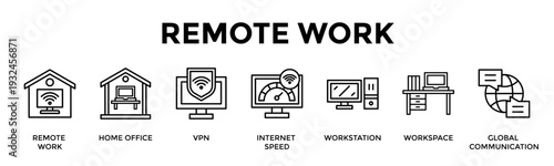 Remote Work Banner Web Icon Set Collection Pack Vector Illustration Concept For Remote Work, Home Office, Vpn, Internet Speed, Workstation, Workspace, Global Communication