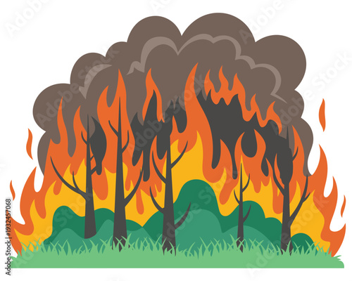 Wildfire burning forest trees with dark smoke and flames destroying nature ecological disaster concept illustration