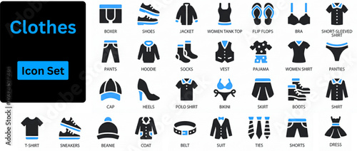 Clothes solid icon set contains  Sweatshirt, hoody, pullover, bathsuit, jacket, evening dress, cardigan, trousers visualization vector illustration.