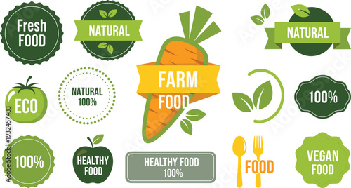 Natural and Farm Food Label Set with Fresh Carrot, Eco Tomato, Apple, Green Leaves, and Vegan Badge Icons for Healthy Products