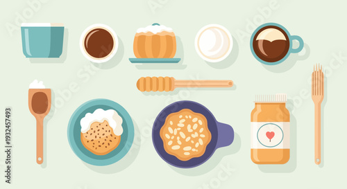 Breakfast Still Life Coffee Cake and Honey Flat Lay.