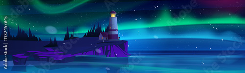 Lighthouse on sea coast. Landscape with beacon