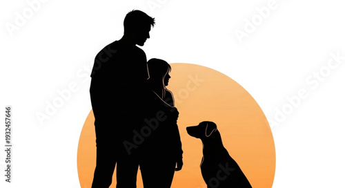 Family Silhouette with Dog at Sunset.