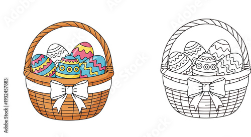 Cute Cartoon Easter Basket with Colorful Eggs and Bow - Perfect for Holiday Celebrations