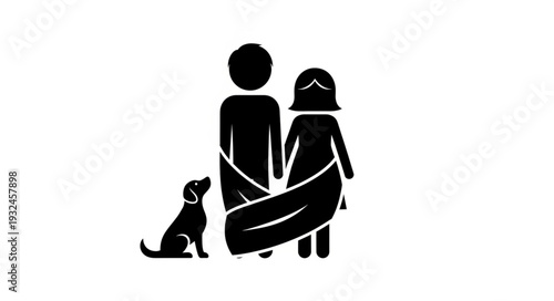 Family Silhouette with Dog Together.