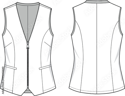 Front and back vector sketch of women’s zip vest, sleeveless outerwear, fashion CAD template, technical garment flat drawing
