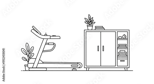 Treadmill and Storage Cabinet Illustration.
