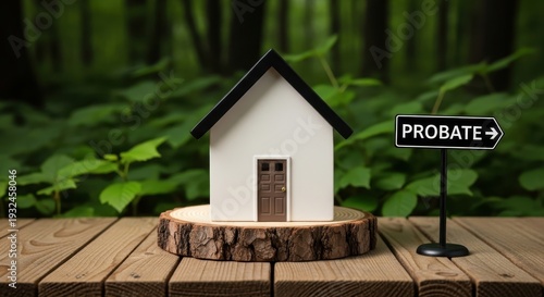 Miniature White House Model with Black Roof Resting on a Wood Slice in a Forest Setting