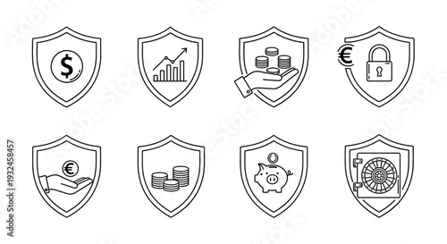 Set of financial shield icons, money protection, investment and banking security symbols vector illustration