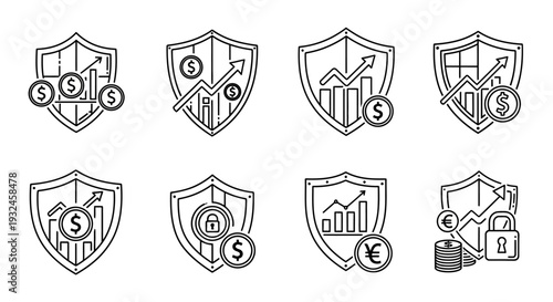 Set of financial growth shield icons, investment protection and market trend security vector illustration