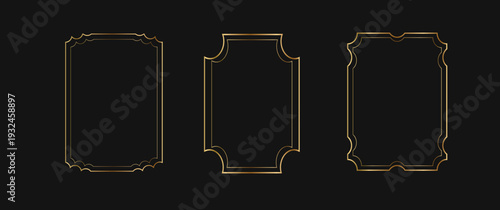 Set of gold vintage frames on dark background. Gold shiny glowing elements for birthday, wedding, Christmas. Realistic vector illustration