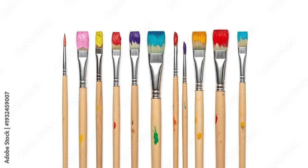 Fototapeta premium Assorted Paint Brushes with Colorful Paint Smears on White Background art supplies painting