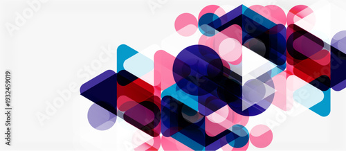 Abstract geometric shapes overlap, creating vibrant color gradients. Composition feels modern, dynamic, visually interesting.