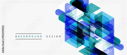 Abstract geometric shapes overlap, creating modern design. Blue, teal hues dominate white background. Minimalist style, clean lines present.