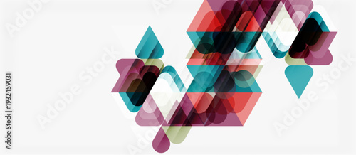 Abstract geometric shapes overlap, creating colorful translucent patterns. Minimalist design with red, teal, maroon hues. Clean background.