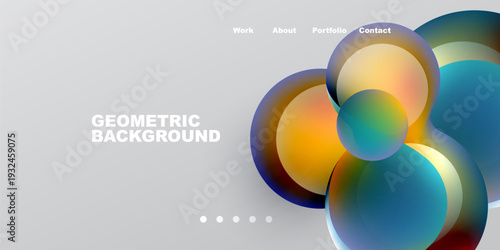 Abstract design features colorful overlapping circles. Minimalist website header includes navigation options. Gradient background provides visual interest.