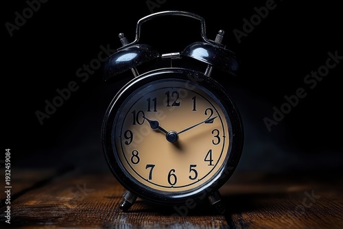 vintage twin-bell alarm clock on wooden table in moody low light conveying quiet anticipation