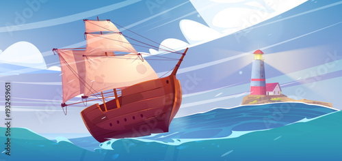 Sea landscape with lighthouse on island and ship