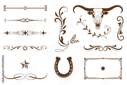 Vintage Western ornamental dividers borders flourishes longhorn skull and horseshoe set vector illustration for rustic wedding invitations and ranch branding design elements isolated on white.