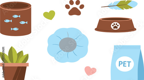 Pet Care Illustration Set with Fish Tank, Dog Paw Print, Pet Food Bag, Feeding Bowl, Blue Cushion, Bird Feather, and Potted Plant