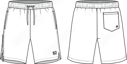 Front and back view, technical shorts flat sketch, vector apparel template, drawstring waistband, pocket detail, fashion design outline, cad drawing