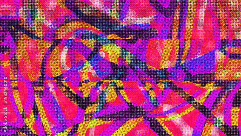 Fototapeta premium Futuristic glitch art in vibrant pink, yellow, blue, cmyk half tone pattern. Y2K style, abstract lines. Digital art, modern posters, summer visuals, creative banner, trendy backgrounds.