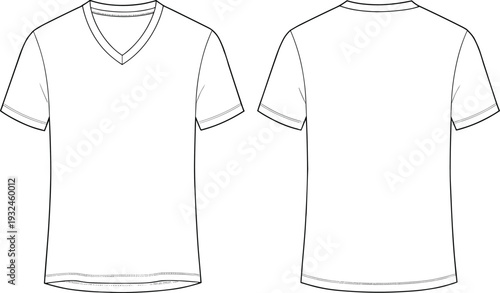 Front and back view, blank t-shirt, technical fashion sketch, vector outline, flat template, V-neck, short sleeve, apparel design