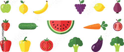 Fresh Fruit and Vegetable Collection with Watermelon Banana Apple Grapes Carrot Broccoli and Colorful Farm Produce Vector Illustration