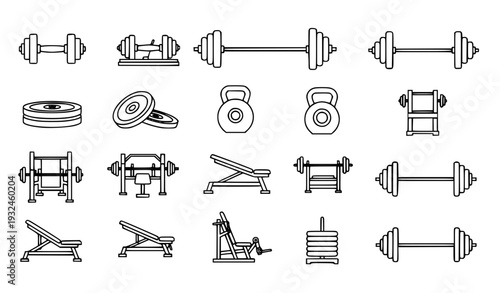 Detailed Gym Equipment and Weightlifting Icon Set with Dumbbells, Barbells, Kettlebells, Bench Press, Weight Plates, and Workout Machines