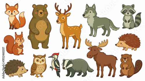 Collection of cartoon forest animals including bear, deer, and birds in a vector illustration set