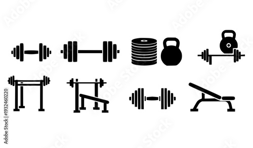 Minimal Gym Equipment Icon Set with Dumbbells, Barbell, Kettlebell, Weight Plates, Bench Press Rack, and Workout Bench Silhouette Vector