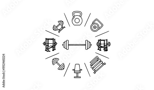 Circular Gym and Fitness Equipment Icon Composition with Dumbbell, Kettlebell, Barbell, Bench Press, Weight Plates, and Workout Machine Symbols