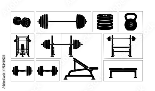 Fitness and Gym Equipment Icon Collection with Dumbbells, Barbell, Weight Plates, Kettlebell, Bench Press Rack, and Workout Machine Silhouettes