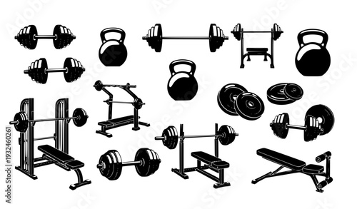 Gym and Fitness Equipment Icon Set with Dumbbells, Barbell, Kettlebell, Bench Press, Weight Plates, and Workout Machines Silhouette Vector Collection