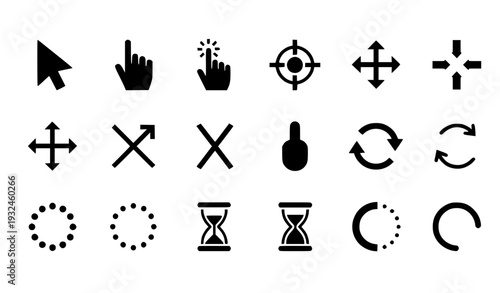 Black Cursor and Navigation Icon Set with Arrow Pointer, Click Hand, Move, Resize, Refresh, Loading Spinner, and Hourglass Symbols