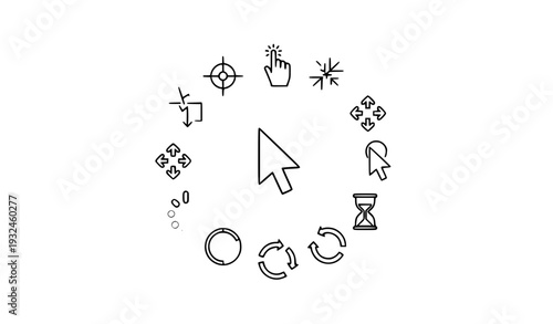 Minimal Cursor and Interaction Icon Set with Arrow Pointer, Click Hand, Loading Spinner, Refresh Arrows, Target, and Hourglass Symbols