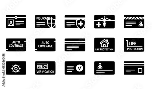 Insurance Policy Card Icon Set with Health, Life, Auto, Home, Security, and Identification Templates for Finance, Coverage, and Business Applications